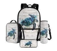 Poceacles Set 4 in 1 zaino scuola con borsa termica per il pranzo, astuccio portabottiglie, zaino per bambini, adolescenti, acquerello tartaruga marina grana di legno, One Size, Acquerello Tartaruga