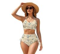 Poceacles Set bikini push up da donna, 2 pezzi, con laccetti anteriori e push-up, design elegante, set bikini increspato, Uovo di Pasqua Coniglio Beige, XL