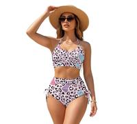 Poceacles Set bikini push up da donna, 2 pezzi, con laccetti anteriori e push-up, design elegante, set bikini increspato, Stampa leopardo coniglio rosa, M
