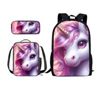 Poceacles Set di 3 borse per la scuola con borsa per il pranzo e astuccio, per bambini, per la scuola, Unicorno rosa , Taglia unica