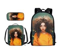 Poceacles Set di 3 zainetti con portapranzo, astuccio per la scuola, zaino per scuola elementare e media, Arte ragazza africana Cultura, Taglia unica