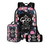 Poceacles Set di 3 zaini con portapranzo e astuccio carino per bambini, stile casual, per scuola materna, scuola elementare, Con Dio tutte le cose sono possibili, Taglia unica