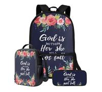 Poceacles Set di 3 zaini con portapranzo e astuccio carino per bambini, stile casual, per scuola materna, scuola elementare, Dio è dentro di lei, non cadrà, Taglia unica
