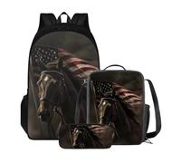 Poceacles Set di 3 zaini per bambini, con portapranzo e astuccio multifunzione, ideale come regalo per il rientro a scuola, per ragazze e ragazzi, Cavallo Bandiera Americana