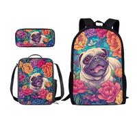 Poceacles Set di 3 zaini per la scuola per bambini, per ragazzi e ragazze, con portapranzo, astuccio, stile casual, Floreale Cane Carlino, Taglia unica