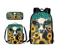 Poceacles Set di 3 zaini per la scuola, per ragazzi, ragazze, adolescenti, per attività all'aperto, borsa per il pranzo, astuccio per matite, Leopardo Girasole Mucca, Taglia unica