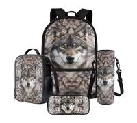 Poceacles Set di 4 borse per la scuola per bambini, con zaino, borsa per il pranzo, astuccio, portabottiglie d'acqua, per ragazze e ragazzi, Stampa Lupo Grigio, Taglia unica, Set di zaini per la