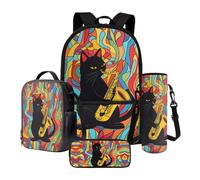 Poceacles Set di 4 borse per la scuola per bambini, con zaino, borsa per il pranzo, astuccio, portabottiglie d'acqua, per ragazze e ragazzi, Sassofono gatto nero, Taglia unica, Set di zaini per la
