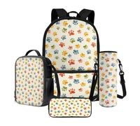 Poceacles Set di 4 borse per la scuola per bambini, con zaino, borsa per il pranzo, astuccio, portabottiglie d'acqua, per ragazze e ragazzi, Stampa di zampe colorate, Taglia unica, Set di zaini per la