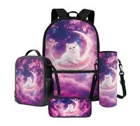 Poceacles Set di 4 borse per la scuola per bambini, con zaino, borsa per il pranzo, astuccio, portabottiglie d'acqua, per ragazze e ragazzi, Carino Gatto Bianco Luna Rosa Viola Fiore Galassia, Taglia