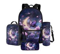 Poceacles Set di 4 borse per la scuola per bambini, con zaino, borsa per il pranzo, astuccio, portabottiglie d'acqua, per ragazze e ragazzi, Luna Rosa Farfalla Viola, Taglia unica, Set di zaini per la