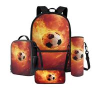 Poceacles Set di 4 borse per la scuola per bambini, con zaino, borsa per il pranzo, astuccio, portabottiglie d'acqua, per ragazze e ragazzi, Modello di fuoco della fiamma del calcio, Taglia unica, Set