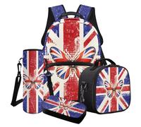 Poceacles Set di 4 borse per la scuola per ragazze con grazioso zaino isolato, borsa per il pranzo, astuccio portamatite, porta bottiglia d'acqua, per bambini e adolescenti, Farfalla Union Jack