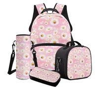 Poceacles Set di 4 borse per la scuola per ragazze con grazioso zaino isolato, borsa per il pranzo, astuccio portamatite, porta bottiglia d'acqua, per bambini e adolescenti, Rosa Margherita, Taglia