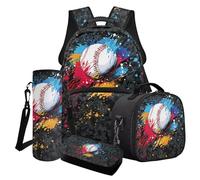 Poceacles Set di 4 zaini a tema sportivo per ragazzi e adolescenti, set di 4 borse per la scuola per bambini, stile atletico, borsa per il pranzo e astuccio per bottiglie, Baseball Splatter Nero Camo