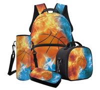 Poceacles Set di 4 zaini a tema sportivo per ragazzi e adolescenti, set di 4 borse per la scuola per bambini, stile atletico, borsa per il pranzo e astuccio per bottiglie, Basket Flame Arancione Blu