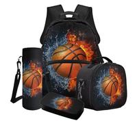 Poceacles Set di 4 zaini a tema sportivo per ragazzi e adolescenti, set di 4 borse per la scuola per bambini, stile atletico, borsa per il pranzo e astuccio per bottiglie, Basket Water Flame Nero