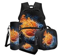 Poceacles Set di 4 zaini a tema sportivo per ragazzi e adolescenti, set di 4 borse per la scuola per bambini, stile atletico, borsa per il pranzo e astuccio per bottiglie, Basket Flame Water Nero