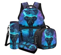 Poceacles Set di 4 zaini con motivo cartoni animati, include borsa per il pranzo, astuccio portaborraccia, portabottiglie per la scuola, per ragazzi, Elefante Luna Fiume Galassia Blu Viola, Taglia