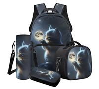Poceacles Set di 4 zaini con motivo cartoni animati, include borsa per il pranzo, astuccio portaborraccia, portabottiglie per la scuola, per ragazzi, Cute Cat Moon Grigio Scuro, Taglia unica, Set di