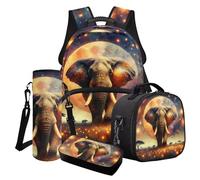 Poceacles Set di 4 zaini con motivo cartoni animati, include borsa per il pranzo, astuccio portaborraccia, portabottiglie per la scuola, per ragazzi, Elefante Luna Lucciola Albero, Taglia unica, Set