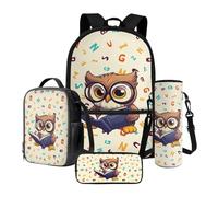 Poceacles Set di 4 zaini da scuola con zaino, borsa per il pranzo, astuccio portapenne, borsa per bottiglie per la scuola elementare, motivo: gufi cartoni animati, lettera, taglia unica, Cartone