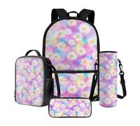 Poceacles Set di 4 zaini per bambini con borsa per la scuola, borsa termica per il pranzo, custodia per bottiglie, astuccio per matite, materiale scolastico per ragazze e ragazzi, Daisy Pink Violet