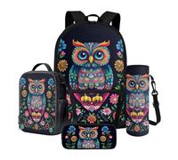 Poceacles Set di 4 zaini per bambini con borsa per la scuola, borsa termica per il pranzo, custodia per bottiglie, astuccio per matite, materiale scolastico per ragazze e ragazzi, Bel fiore di gufo,