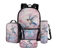 Poceacles Set di 4 zaini per bambini, con grande capacità, borsa termica per il pranzo, astuccio per matite, custodia per bottiglia, Colibrì Fiori Di Pesco Blu Rosa, Taglia unica, Set di zaini per la