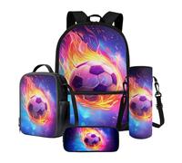 Poceacles Set di 4 zaini per bambini, con grande capacità, borsa termica per il pranzo, astuccio per matite, custodia per bottiglia, Calcio Fiamma Blu, Taglia unica, Set di zaini per la scuola