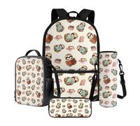 Poceacles Set di 4 zaini per bambini, con grande capacità, borsa termica per il pranzo, astuccio per matite, custodia per bottiglia, Cartone animato bradipo, Taglia unica, Set di zaini per la scuola