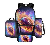Poceacles Set di 4 zaini per bambini, con grande capacità, borsa termica per il pranzo, astuccio per matite, custodia per bottiglia, Palla da rugby Flame, Taglia unica, Set di zaini per la scuola