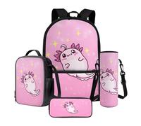 Poceacles Set di 4 zaini per bambini, con grande capacità, borsa termica per il pranzo, astuccio per matite, custodia per bottiglia, Cartone animato Axolotl Stella Rosa, Taglia unica, Set di zaini per