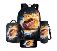 Poceacles Set di 4 zaini per bambini, con grande capacità, borsa termica per il pranzo, astuccio per matite, custodia per bottiglia, Football americano Flame Nero, Taglia unica, Set di zaini per la