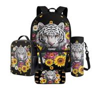 Poceacles Set di 4 zaini per bambini con zaino termico grande capacità, borsa per il pranzo, borsa per matite e borsa per bottiglia, tigre bianca margherita girasole loto, nero, One Size, Tigre