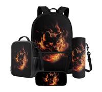 Poceacles Set di 4 zaini per bambini e borsa per il pranzo per ragazzi ragazze forniture per aula borsa per il pranzo borsa portapranzo astuccio per bottiglia d'acqua manica, Lupo Fiamma Nero, Taglia