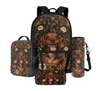 Poceacles Set di 4 zaini per bambini, per ragazzi e ragazze, set di 4 pezzi con borsa per il pranzo, astuccio, borsa per bottiglie, per adolescenti e adulti, Delizioso cane bassotto margherita fiore,