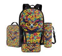 Poceacles Set di 4 zaini per bambini, per ragazzi e ragazze, set di 4 pezzi con borsa per il pranzo, astuccio, borsa per bottiglie, per adolescenti e adulti, Gufo floreale, Taglia unica, Set di zaini