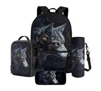 Poceacles Set di 4 zaini per la scuola con astuccio, borsa per il pranzo, porta bottiglia d'acqua, comodo per bambini, per ragazzi e ragazze, Lupo Meccanico Nero Grigio, Taglia unica, Set di zaini per