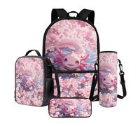 Poceacles Set di 4 zaini per la scuola con astuccio, borsa per il pranzo, porta bottiglia d'acqua, comodo per bambini, per ragazzi e ragazze, Carino Axolotl Cherry Blossom Rosa, Taglia unica, Set di