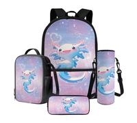 Poceacles Set di 4 zaini per la scuola con astuccio, borsa per il pranzo, porta bottiglia d'acqua, comodo per bambini, per ragazzi e ragazze, Kawaii Cartoon Axolotl Amore Rosa Blu, Taglia unica, Set