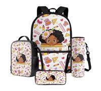 Poceacles Set di 4 zaini per la scuola con astuccio, borsa per il pranzo, porta bottiglia d'acqua, leggero e confortevole, borsa per libri per bambini, Black Little Girl Stationery Love Star Print,