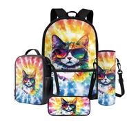 Poceacles Set di 4 zaini per la scuola con astuccio, borsa per il pranzo, porta bottiglia d'acqua, leggero e confortevole, borsa per libri per bambini, Gatto con occhiali da sole arcobaleno Tie-dye,