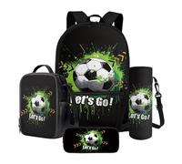 Poceacles Set di 4 zaini per la scuola con astuccio, borsa per il pranzo, porta bottiglia d'acqua, leggero e confortevole, borsa per libri per bambini, Stampa con schizzi verdi di calcio Let's Go,
