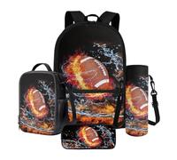 Poceacles Set di 4 zaini per la scuola, con astuccio di grande capacità, zaino portapranzo, borsa portabottiglie, materiale scolastico, Fiamma d'acqua del football americano, Taglia unica, Set di