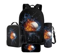 Poceacles Set di 4 zaini per la scuola, con astuccio di grande capacità, zaino portapranzo, borsa portabottiglie, materiale scolastico, Baseball Flame Acqua Nero, Taglia unica, Set di zaini per la