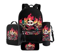 Poceacles Set di 4 zaini per la scuola, con astuccio di grande capacità, zaino portapranzo, borsa portabottiglie, materiale scolastico, Panda Rock Band Flame, Taglia unica, Set di zaini per la scuola