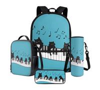 Poceacles Set di 4 zaini per la scuola, con astuccio di grande capacità, zaino portapranzo, borsa portabottiglie, materiale scolastico, Tasti di pianoforte gatto nero nota musicale, Taglia unica, Set