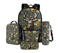 Poceacles Set di 4 zaini per la scuola, con astuccio di grande capacità, zaino portapranzo, borsa portabottiglie, materiale scolastico, Caccia al cervo mimetico nella foresta, Taglia unica, Set di