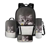 Poceacles Set di 4 zaini per la scuola, con astuccio di grande capacità, zaino portapranzo, borsa portabottiglie, materiale scolastico, Graziosa Gatta Daisy Grigio, Taglia unica, Set di zaini per la